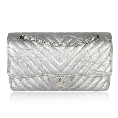 Chanel Silver Metallic Patent Crumpled Calfskin Chevron Medium Double Flap Bag Handbag fv
