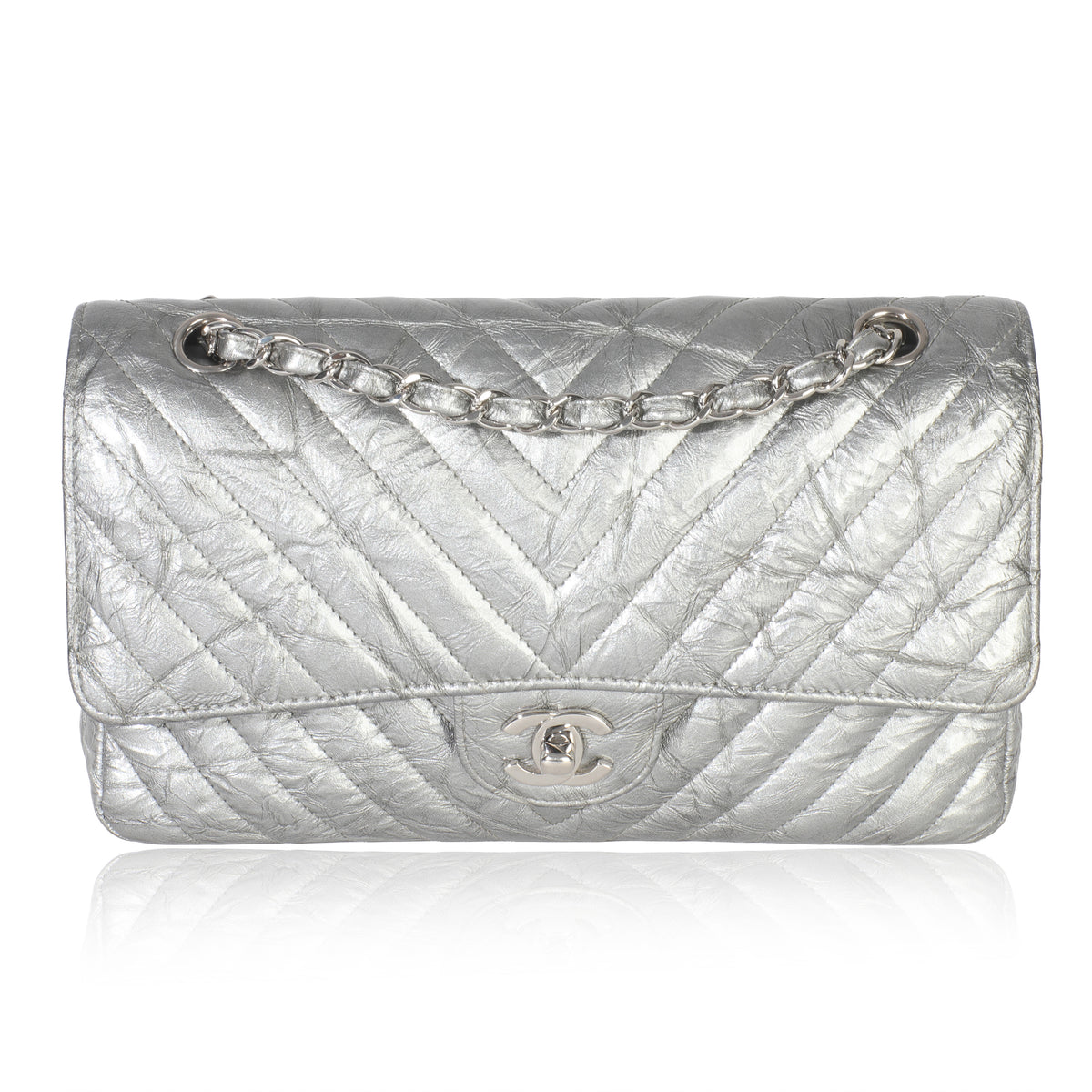 Chanel Silver Metallic Patent Crumpled Calfskin Chevron Medium Double Flap Bag Handbag fv