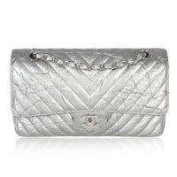 Chanel Silver Metallic Patent Crumpled Calfskin Chevron Medium Double Flap Bag Handbag fv