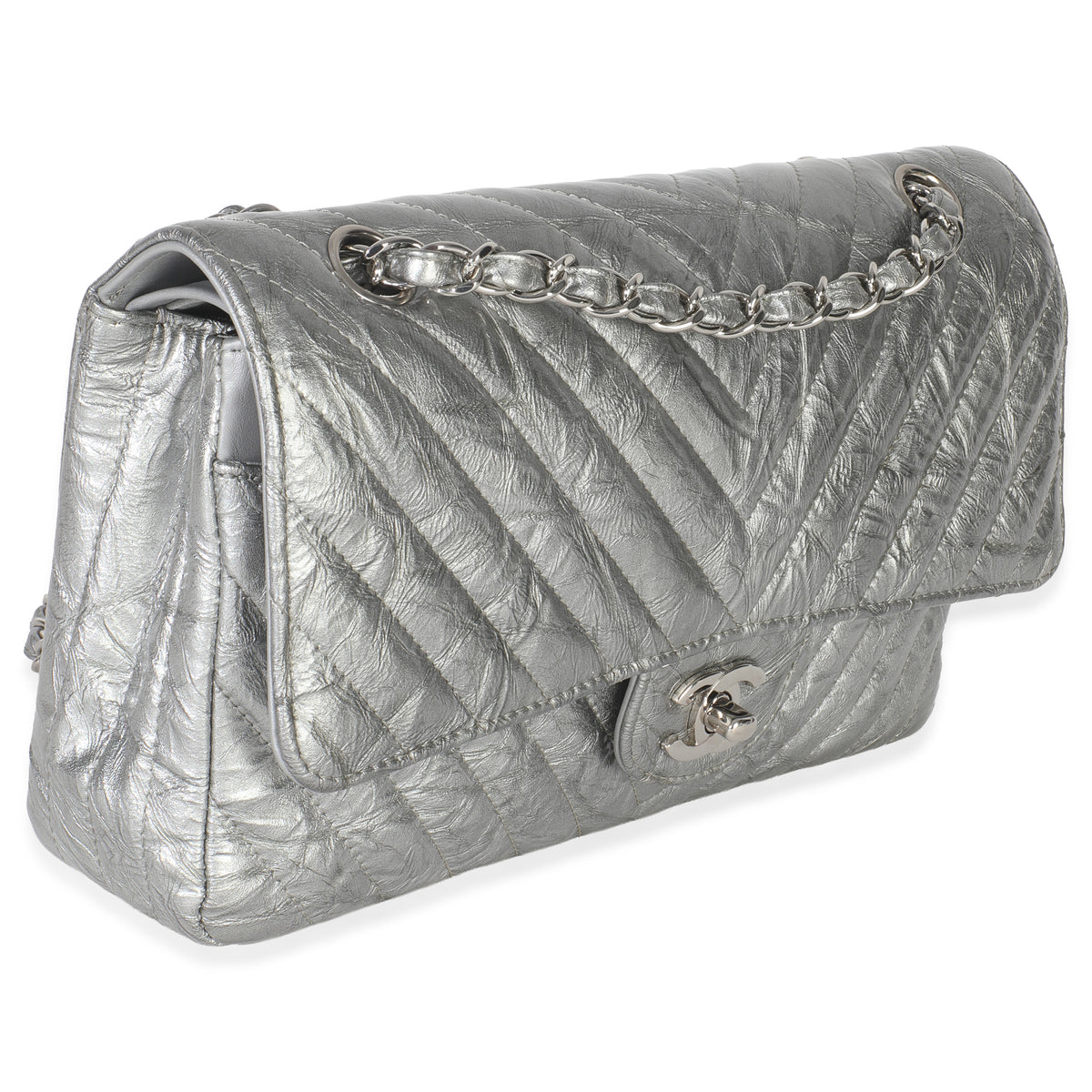 Chanel Silver Metallic Patent Crumpled Calfskin Chevron Medium Double Flap Bag Handbag pv