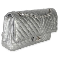 Chanel Silver Metallic Patent Crumpled Calfskin Chevron Medium Double Flap Bag Handbag pv