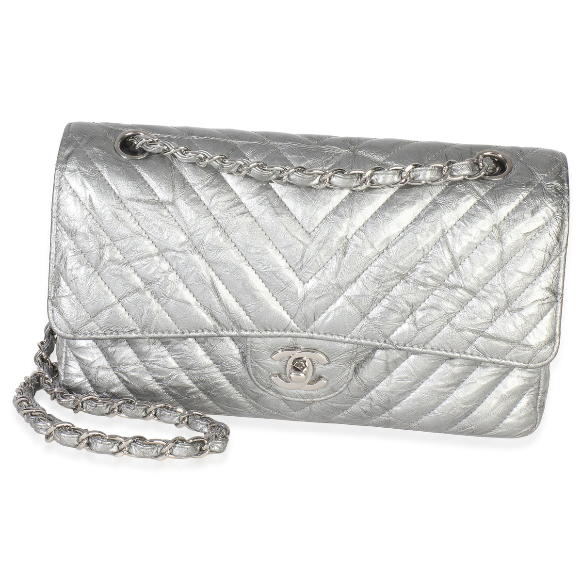Chanel Silver Metallic Patent Crumpled Calfskin Chevron Medium Double Flap Bag Handbag stamp