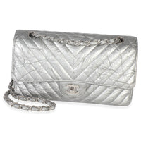 Chanel Silver Metallic Patent Crumpled Calfskin Chevron Medium Double Flap Bag Handbag stamp