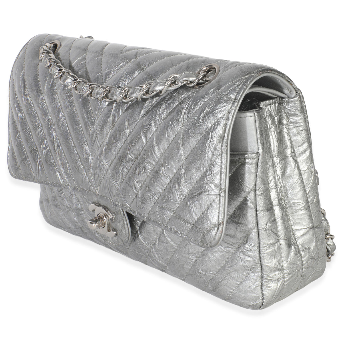 Chanel Silver Metallic Patent Crumpled Calfskin Chevron Medium Double Flap Bag Handbag sv