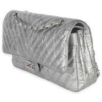 Chanel Silver Metallic Patent Crumpled Calfskin Chevron Medium Double Flap Bag Handbag sv