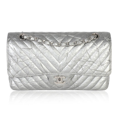 Silver Metallic Patent Crumpled Calfskin Chevron Medium Double Flap Bag