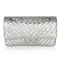 Silver Metallic Patent Crumpled Calfskin Chevron Medium Double Flap Bag