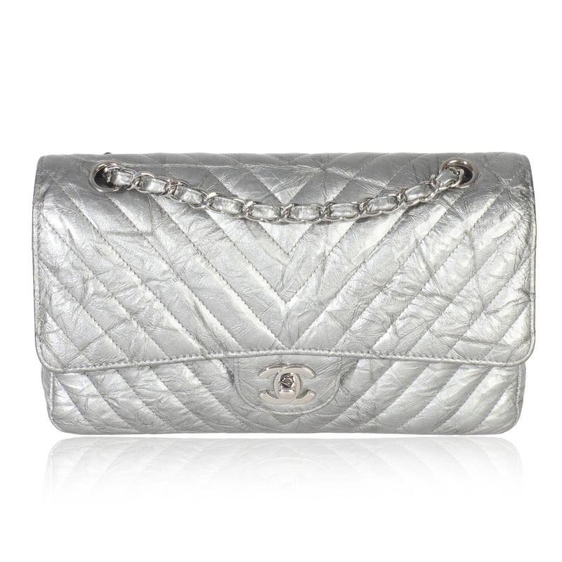 Silver Metallic Patent Crumpled Calfskin Chevron Medium Double Flap Bag