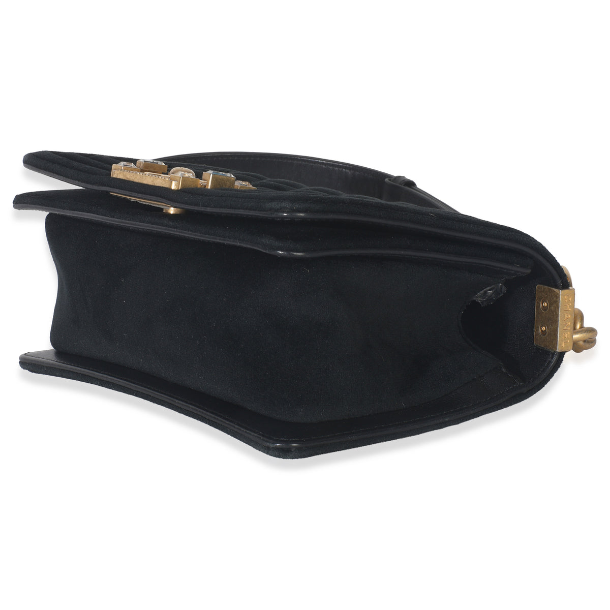 Chanel Black Quilted Velvet Strass Small Boy Bag Handbag box
