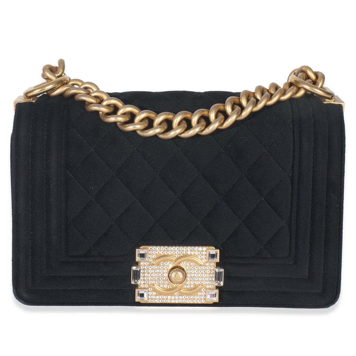 Chanel Black Quilted Velvet Strass Small Boy Bag Handbag fv