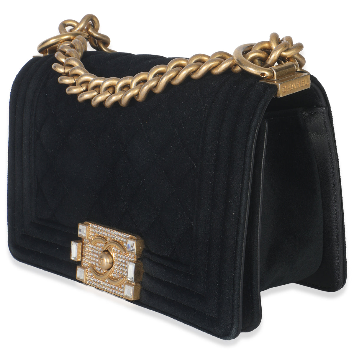 Chanel Black Quilted Velvet Strass Small Boy Bag Handbag sv
