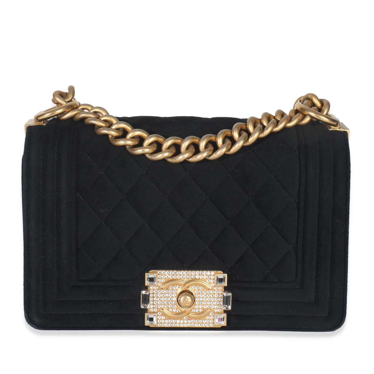 Black Quilted Velvet Strass Small Boy Bag