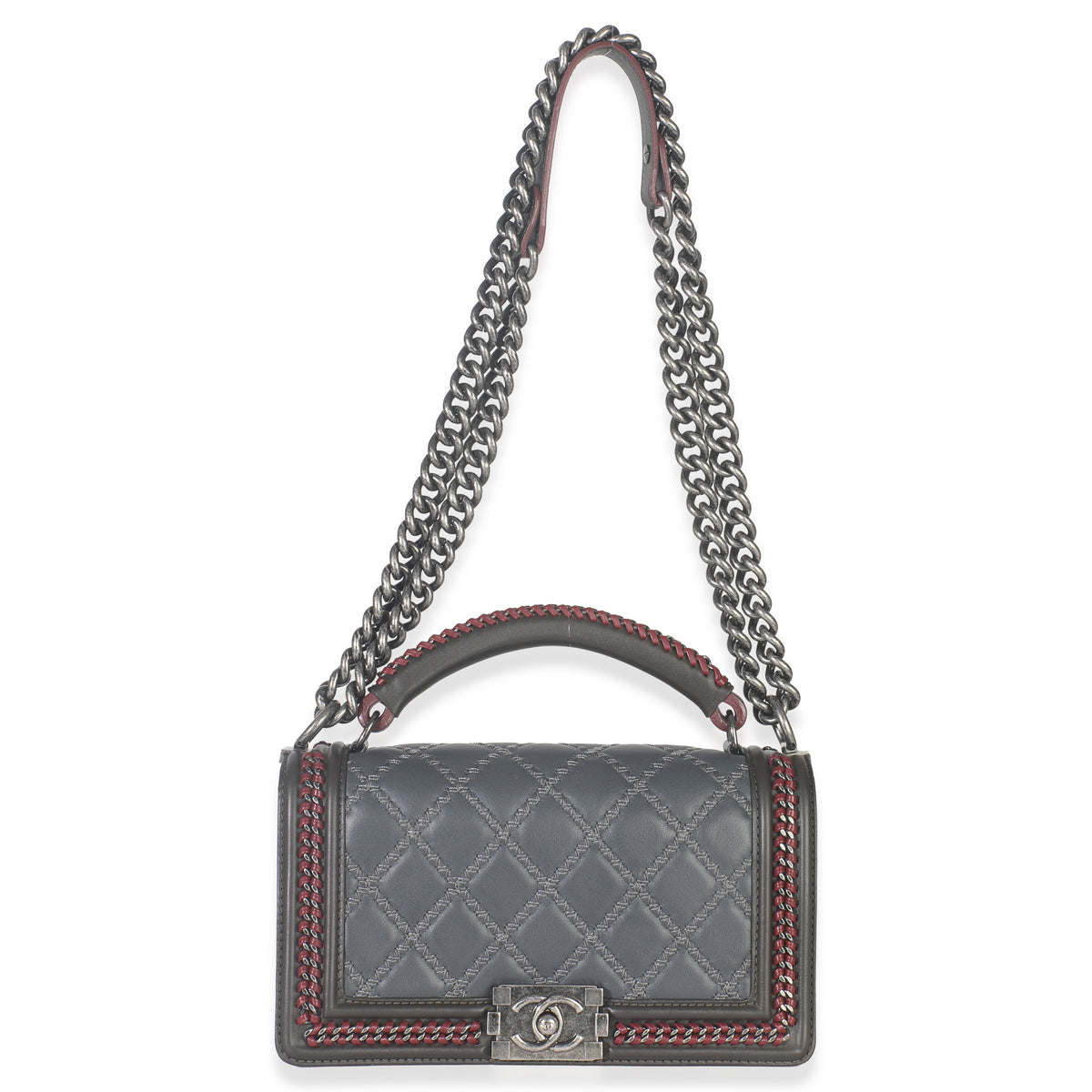 Chanel Grey Quilted Calfskin Interwoven Chain Top Handle Boy Bag Handbag av