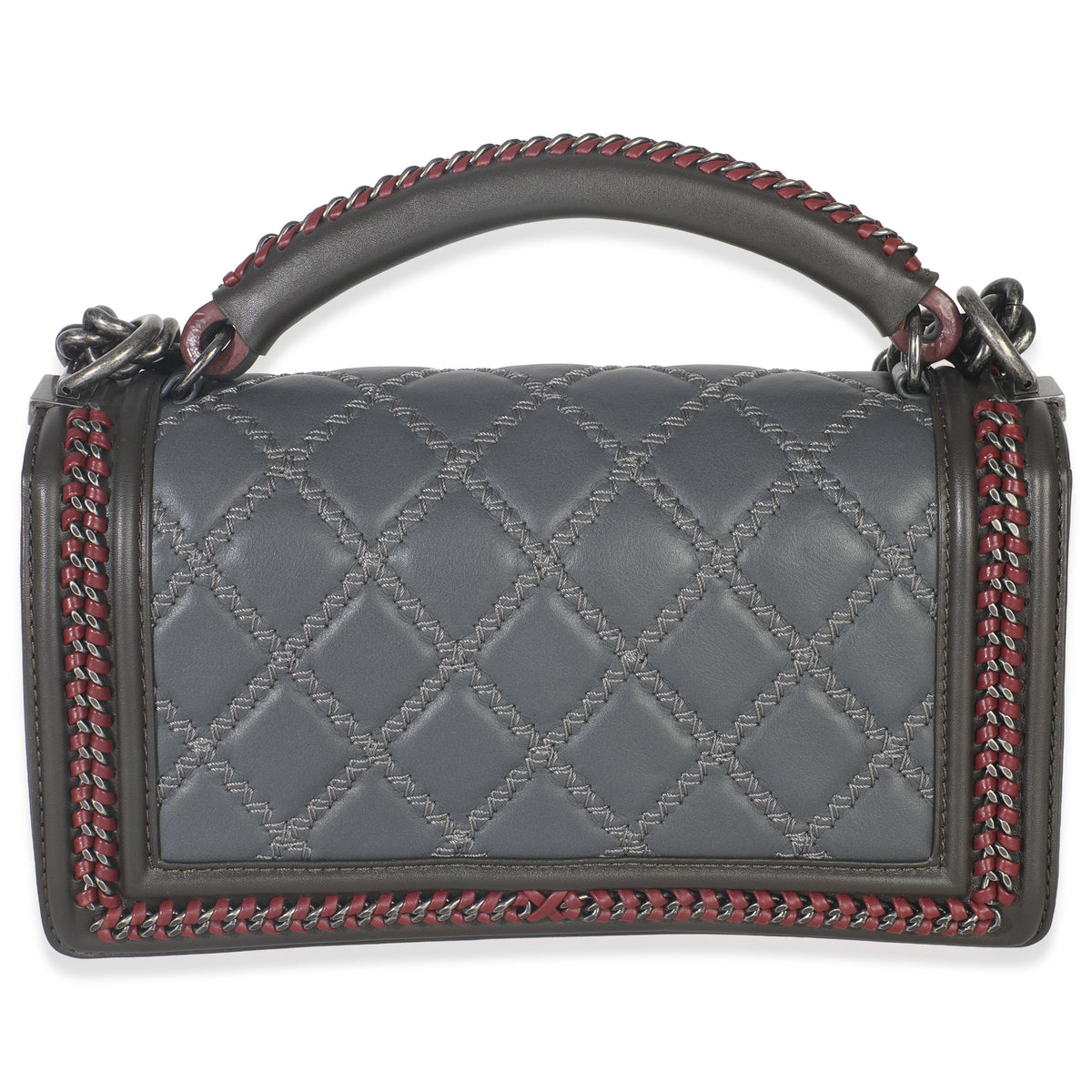 Chanel Grey Quilted Calfskin Interwoven Chain Top Handle Boy Bag Handbag bv