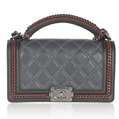 Chanel Grey Quilted Calfskin Interwoven Chain Top Handle Boy Bag Handbag fv