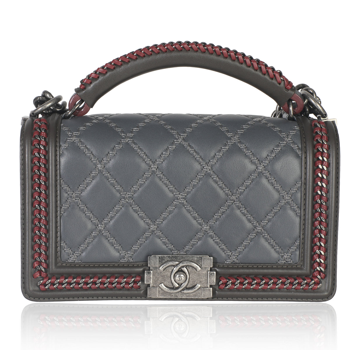 Chanel Grey Quilted Calfskin Interwoven Chain Top Handle Boy Bag Handbag fv