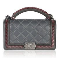 Chanel Grey Quilted Calfskin Interwoven Chain Top Handle Boy Bag Handbag fv