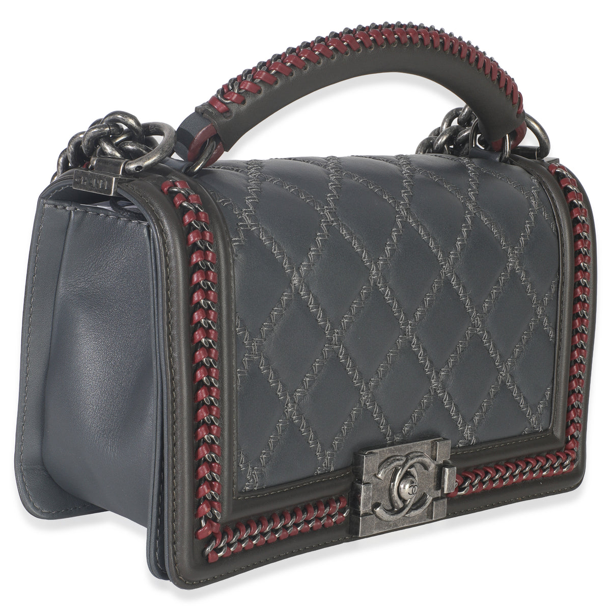Chanel Grey Quilted Calfskin Interwoven Chain Top Handle Boy Bag Handbag pv