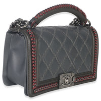 Chanel Grey Quilted Calfskin Interwoven Chain Top Handle Boy Bag Handbag pv
