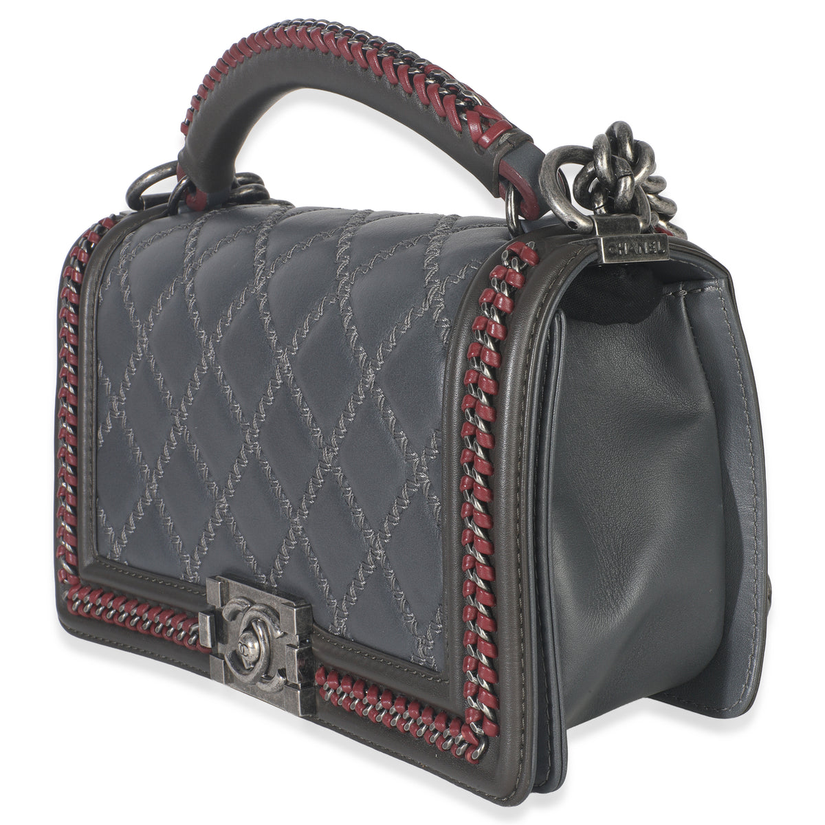 Chanel Grey Quilted Calfskin Interwoven Chain Top Handle Boy Bag Handbag sv