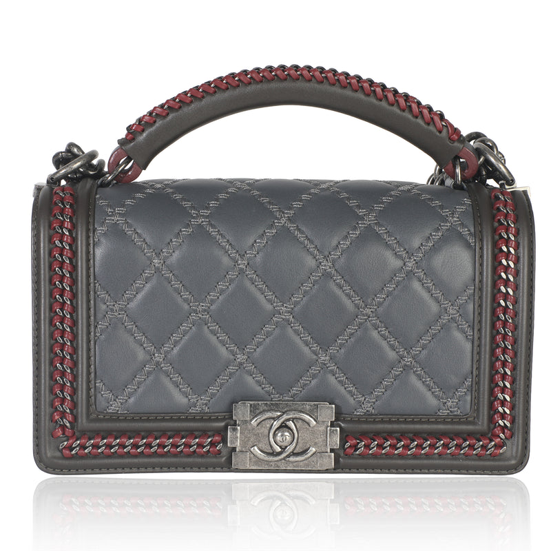 Grey Quilted Calfskin Interwoven Chain Top Handle Boy Bag