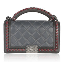 Grey Quilted Calfskin Interwoven Chain Top Handle Boy Bag