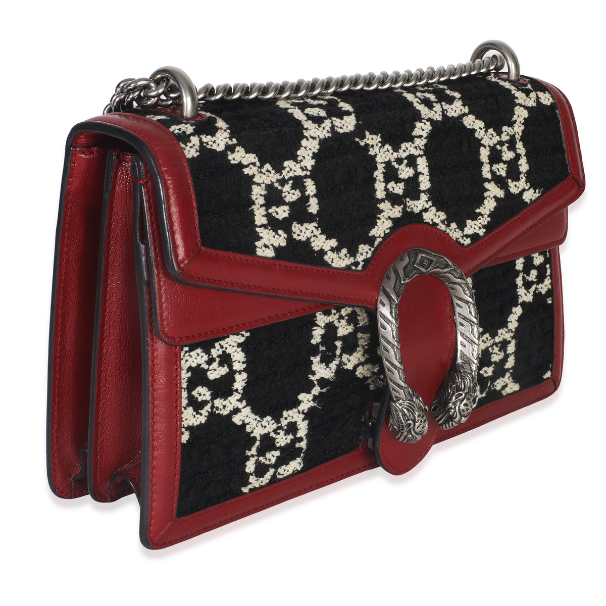 Gucci Black White Red Tweed GG Monogram Medium Dionysus Shoulder Bag Handbag pv