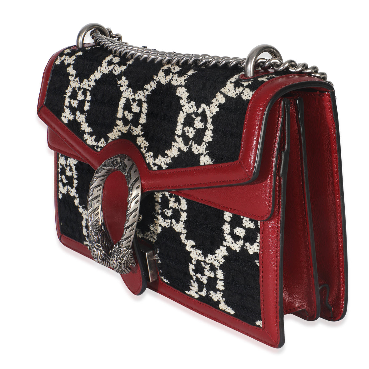 Gucci Black White Red Tweed GG Monogram Medium Dionysus Shoulder Bag Handbag sv