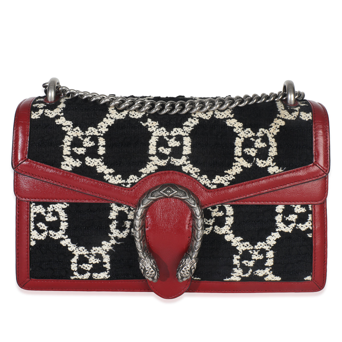 Gucci Black White Red Tweed GG Monogram Medium Dionysus Shoulder Bag Handbag fv
