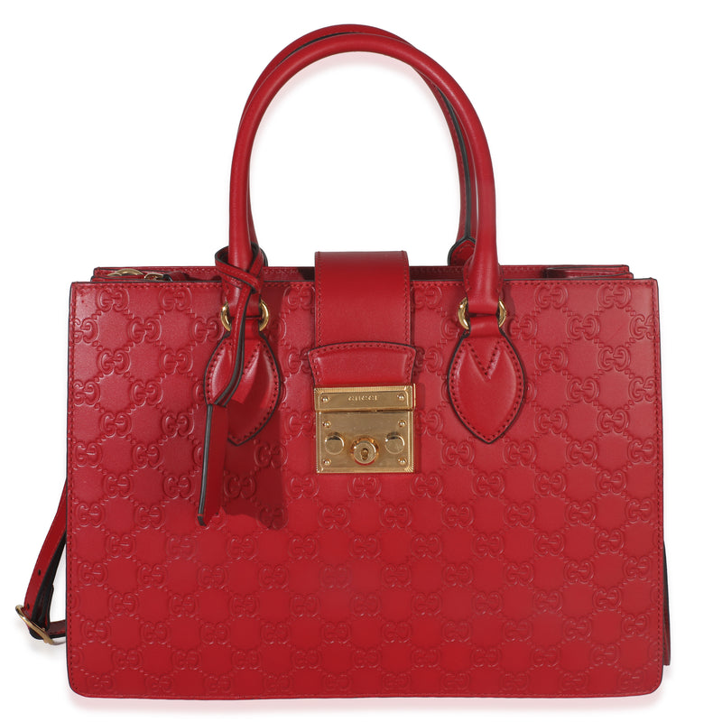 Gucci Red ssima Signature Padlock Double Handle Tote Handbag fv