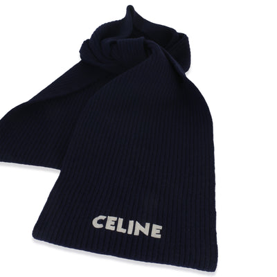 Celine Navy Ribbed Wool Logo Appliqued Scarf fv