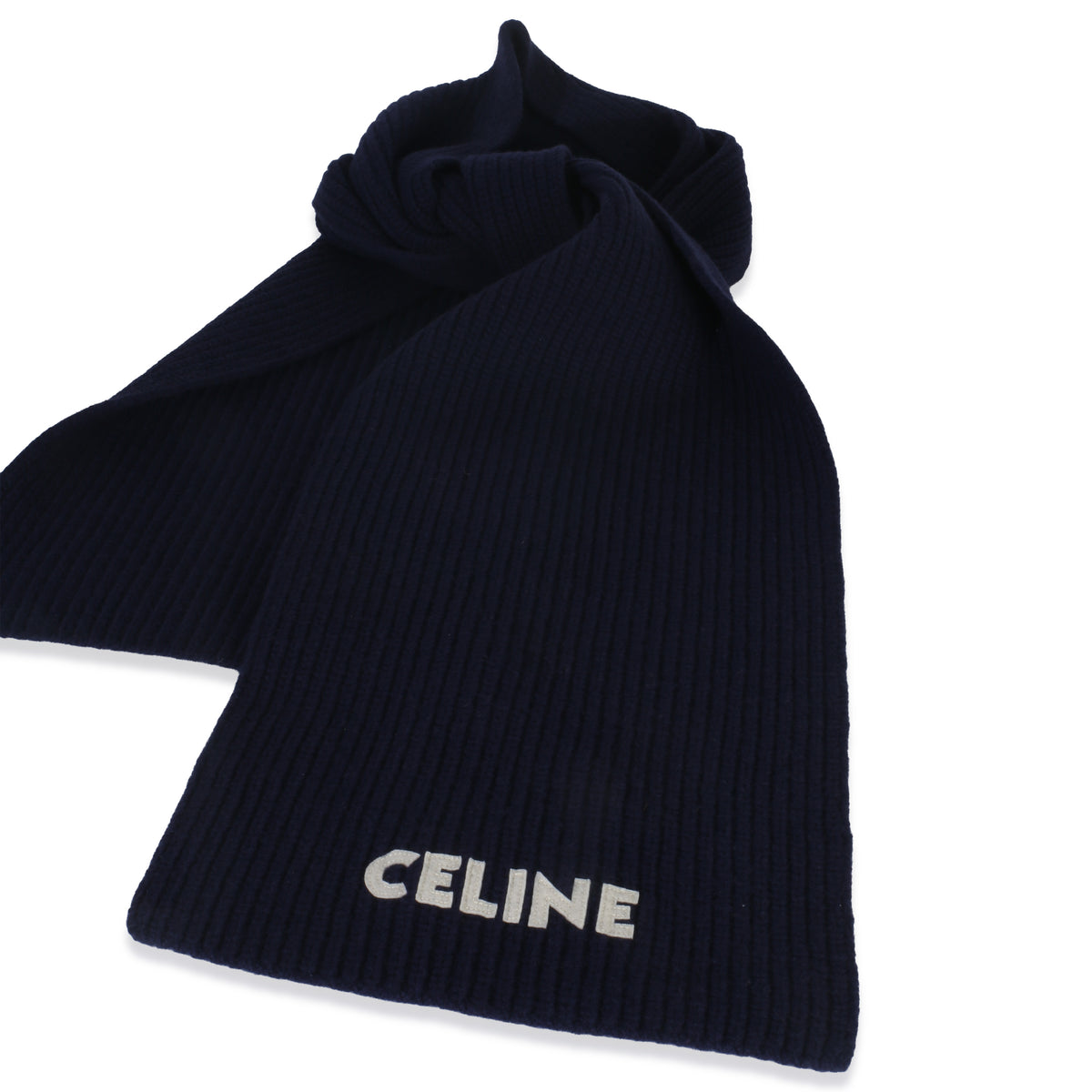 Celine Navy Ribbed Wool Logo Appliqued Scarf fv