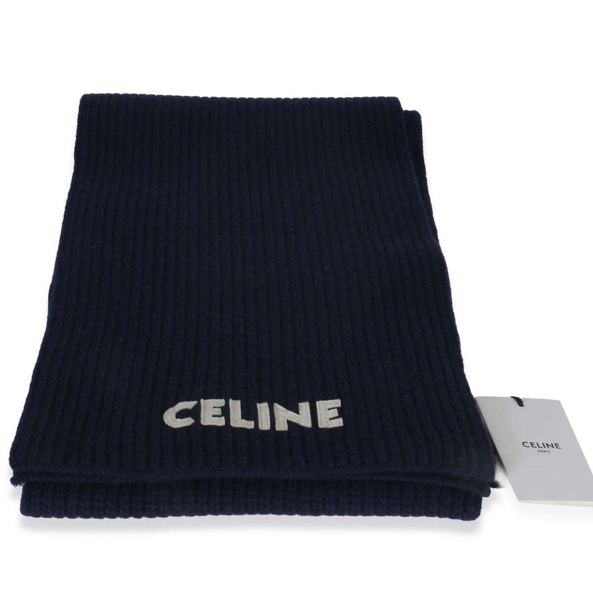 Navy Ribbed Wool Logo Appliqued Scarf