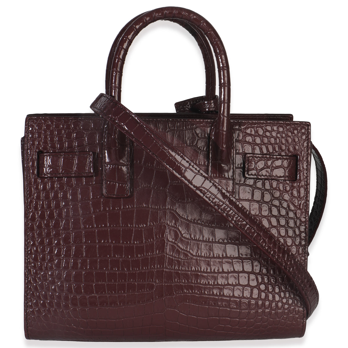 Saint Laurent Bordeaux Crocodile Embossed Calfskin Nano Sac De Jour Handbag bv