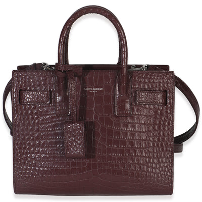 Saint Laurent Bordeaux Crocodile Embossed Calfskin Nano Sac De Jour Handbag fv