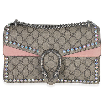 Gucci Pink Beige GG Supreme Canvas Crystal Small Dionysus Shoulder Bag Handbag fv