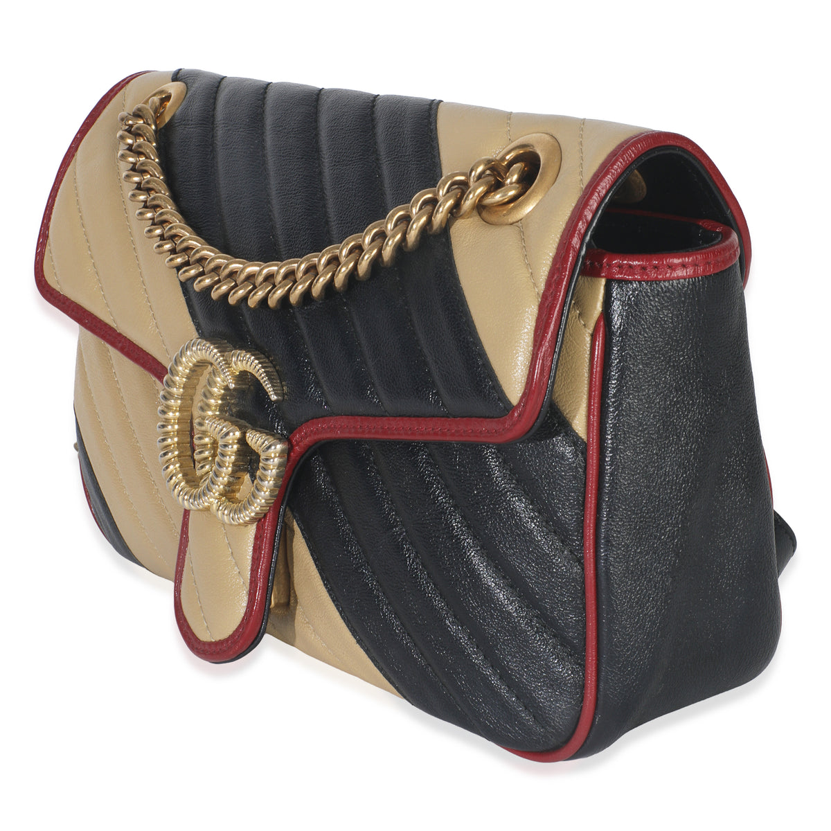Gucci Black Beige Matelasse Calfskin Torchon Small Marmont Shoulder Bag Handbag sv