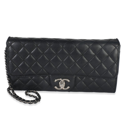 Black Lambskin Quilted East West Flap Clutch