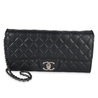 Black Lambskin Quilted East West Flap Clutch