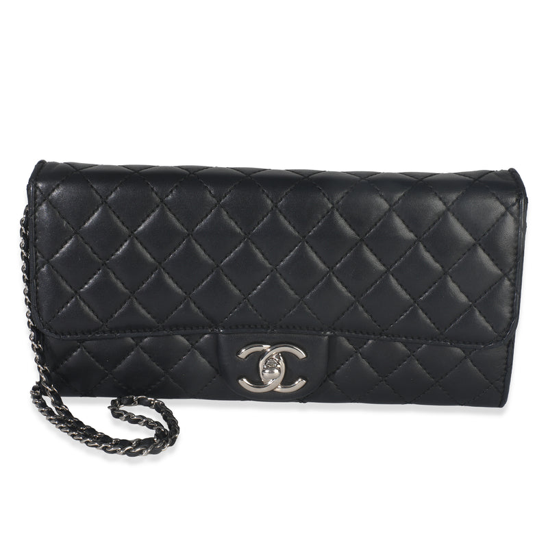 Black Lambskin Quilted East West Flap Clutch