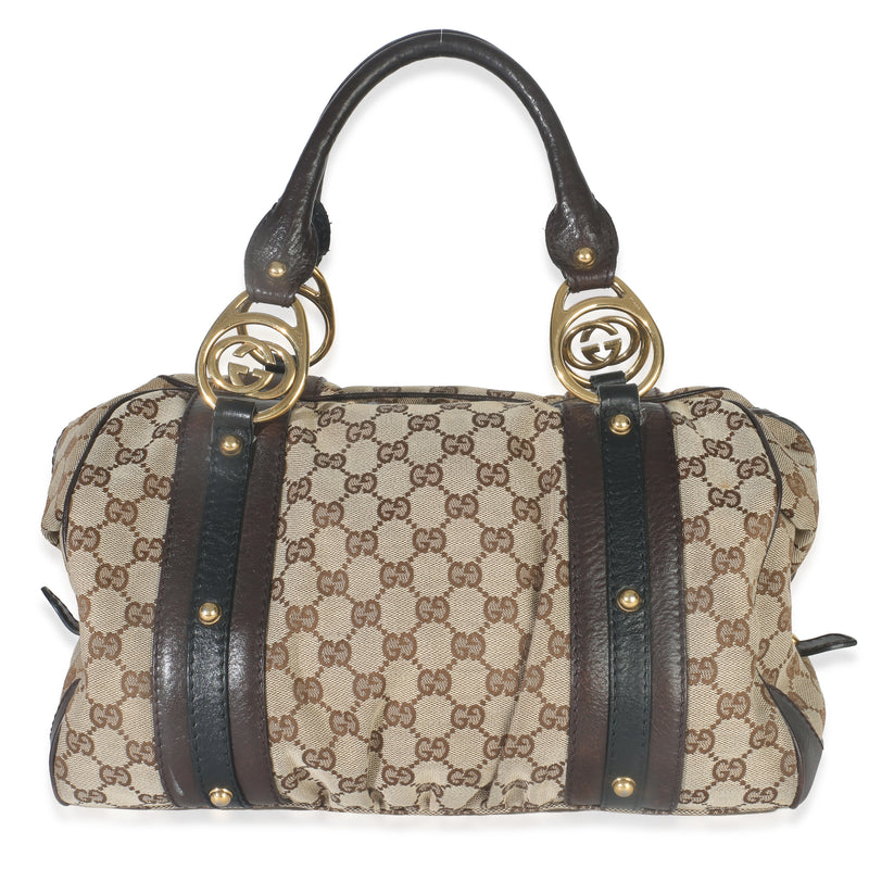 Beige Ebony GG Canvas Interlocking Medium Boston Bag