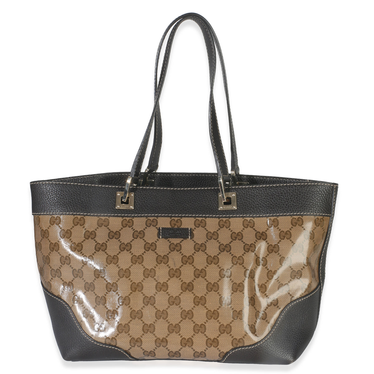 Gucci Brown Leather GG Crystal Web Tote Handbag fv