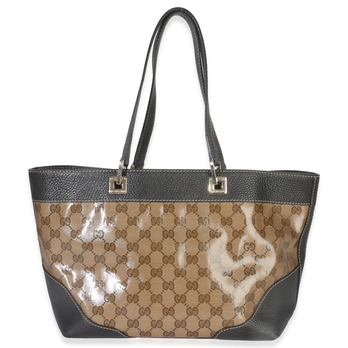 Gucci Brown Leather GG Crystal Web Tote Handbag stamp