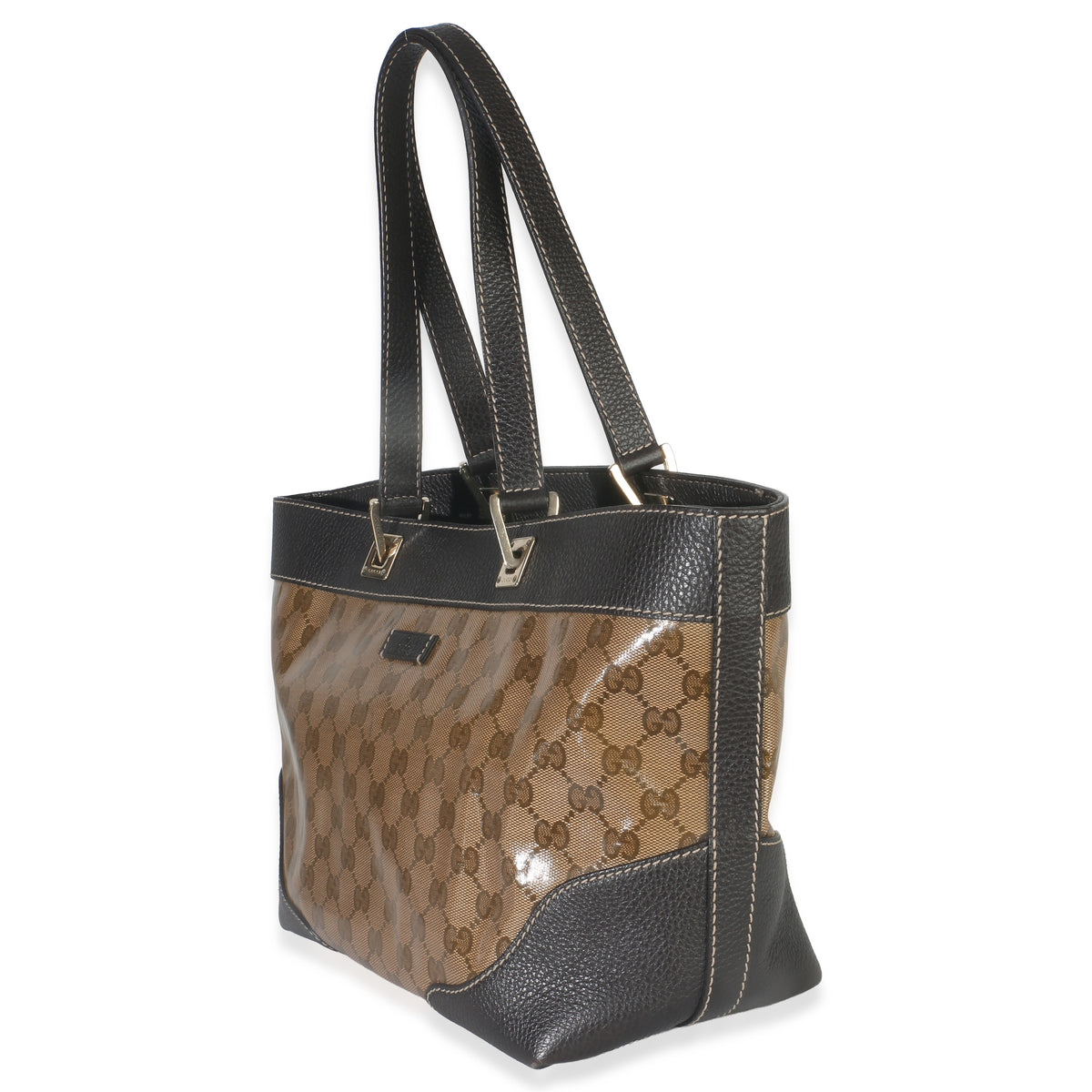 Brown Leather GG Crystal Web Tote