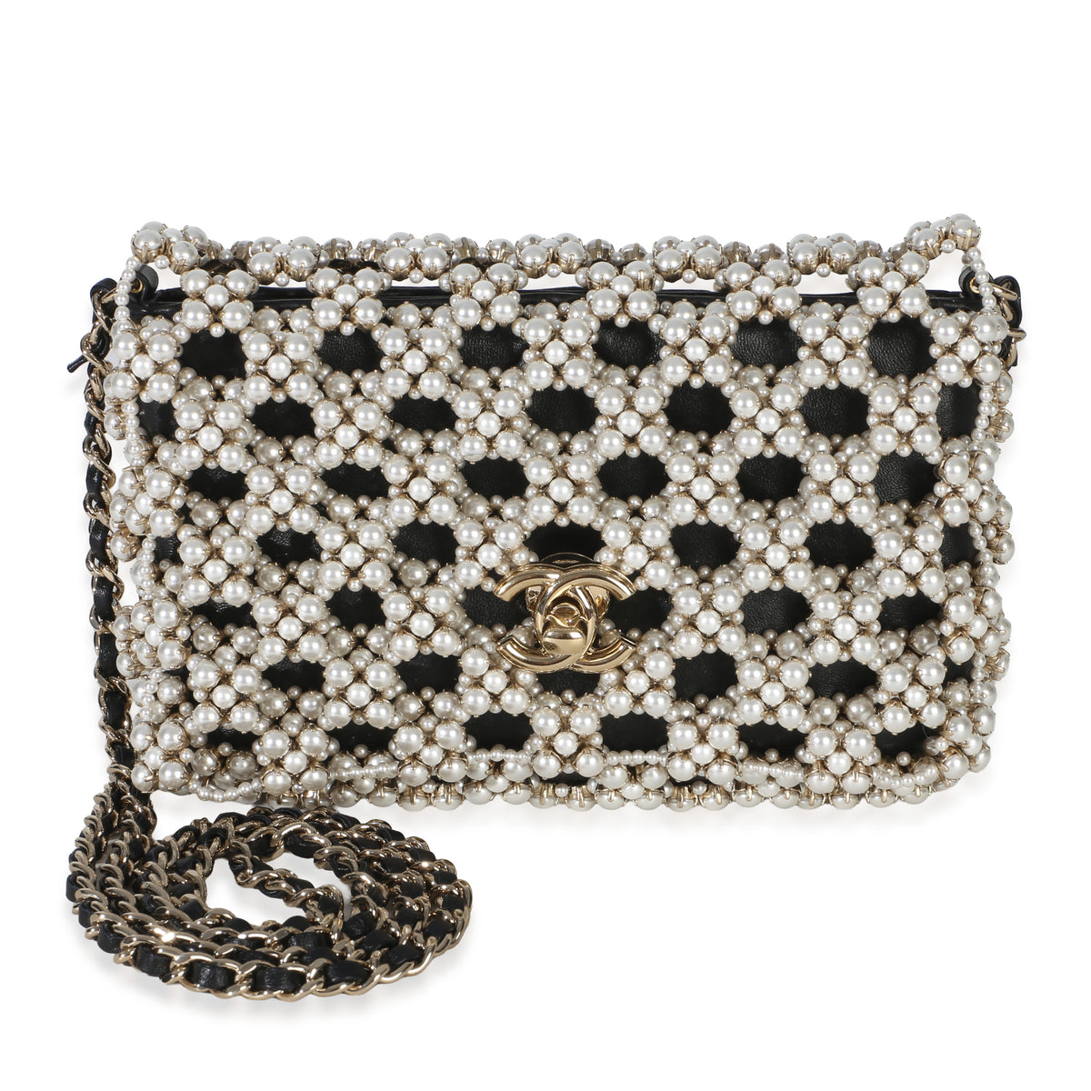 Chanel Black Gold Metal Pearl Embellished Mini Flap Bag Handbag fv