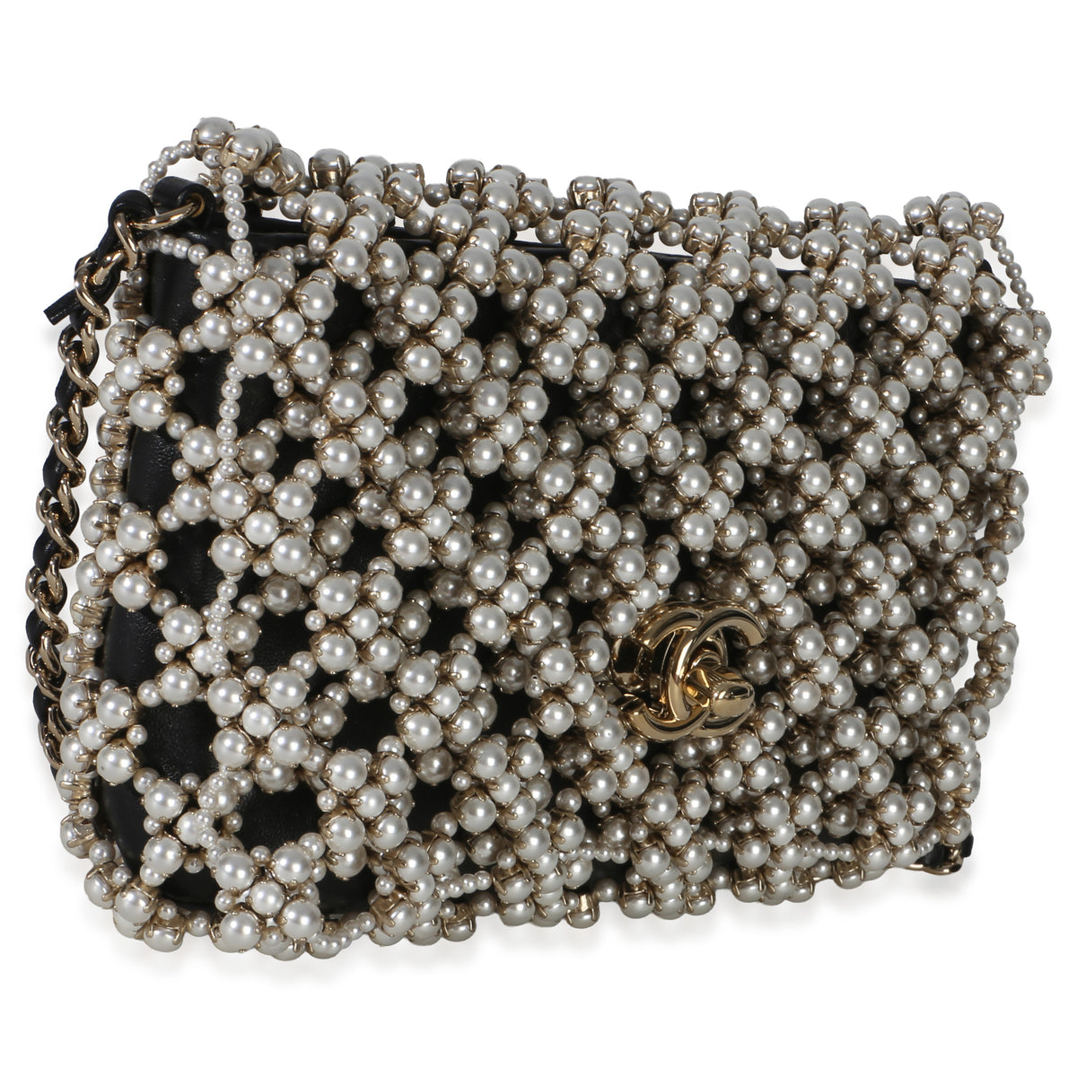 Chanel Black Gold Metal Pearl Embellished Mini Flap Bag Handbag pv