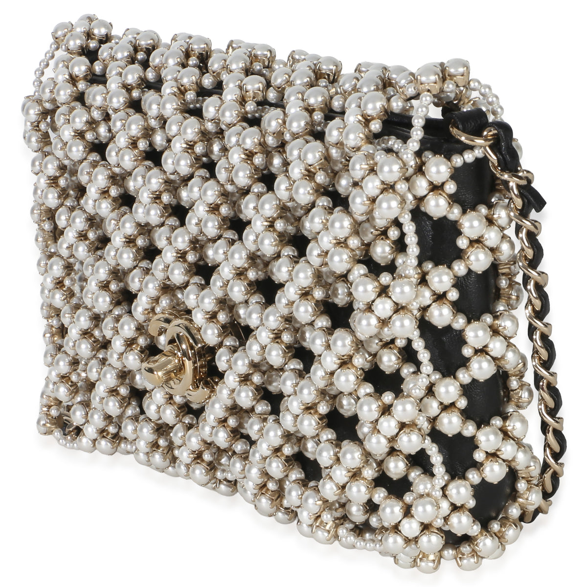 Chanel Black Gold Metal Pearl Embellished Mini Flap Bag Handbag sv