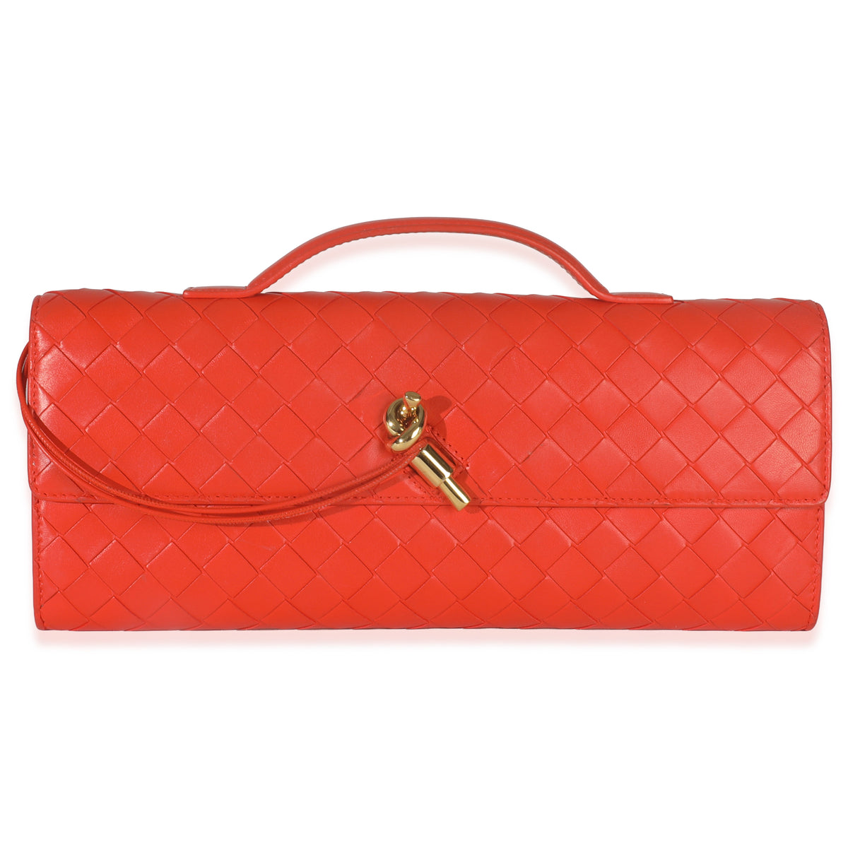 Bottega Veneta Cherry Tomato Nappa Intrecciato Long Andiamo Top Handle Clutch Handbag fv