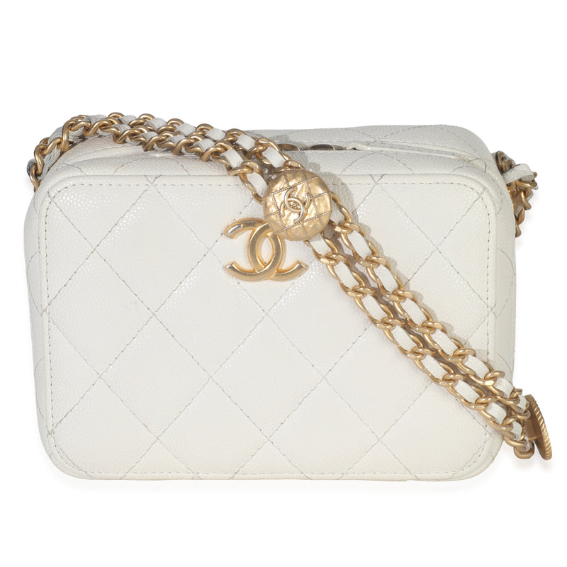White Quilted Caviar Twist Your Buttons Clutch With Chain