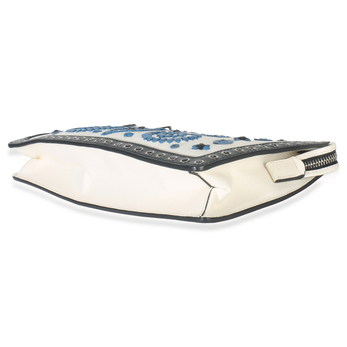 Prada White Black Saffiano Embroidered Eyelet Clutch Handbag box
